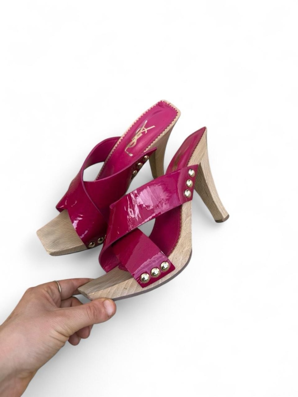 Saint Laurent Fuchsia Patent Leather Crisscross Stud Mules